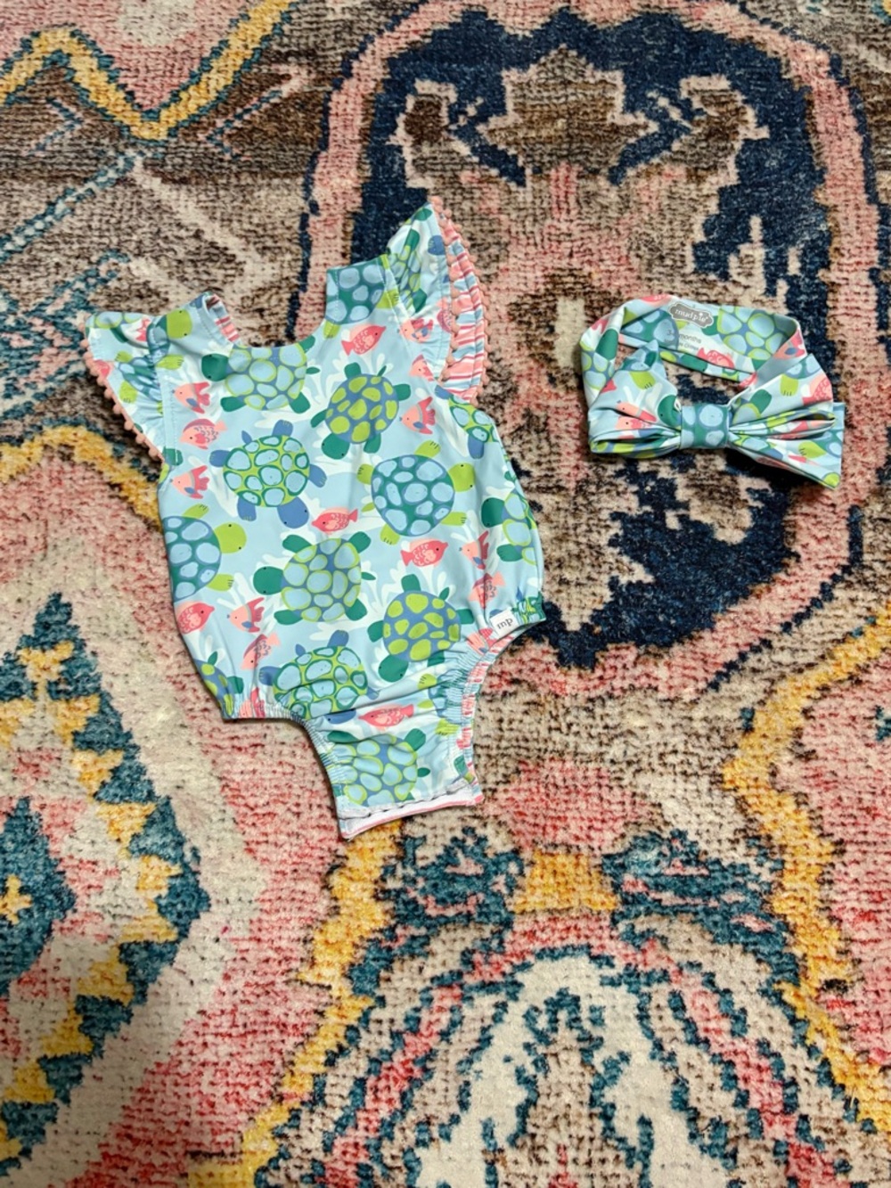 Mud Pie Blue & Green Reversible Baby Swim Suit with Matching Headband